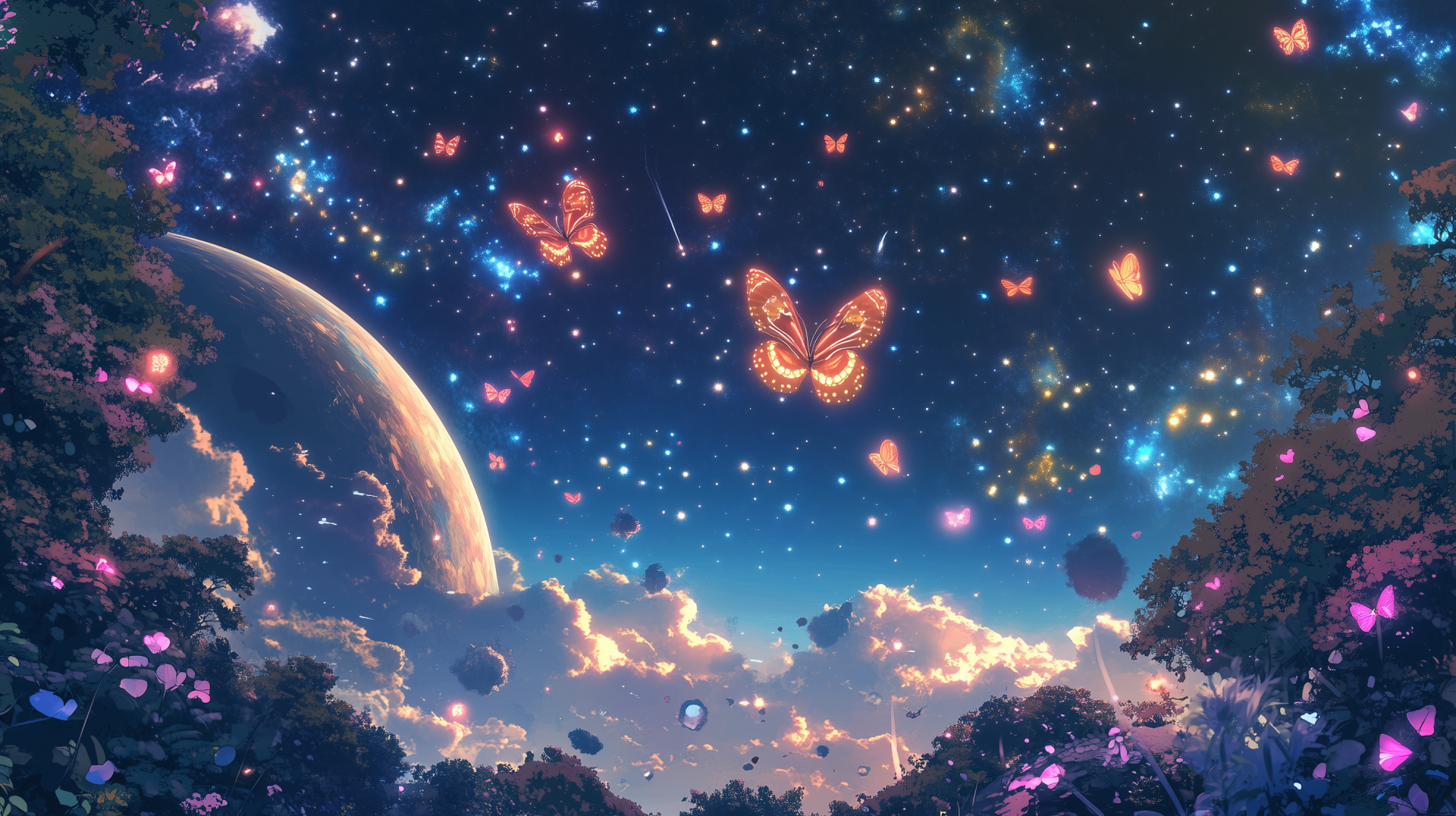 A glowing fantasy scene with vibrant butterflies fluttering across a starry sky, a large planet visible among clouds, designed as an HD PC desktop wallpaper.