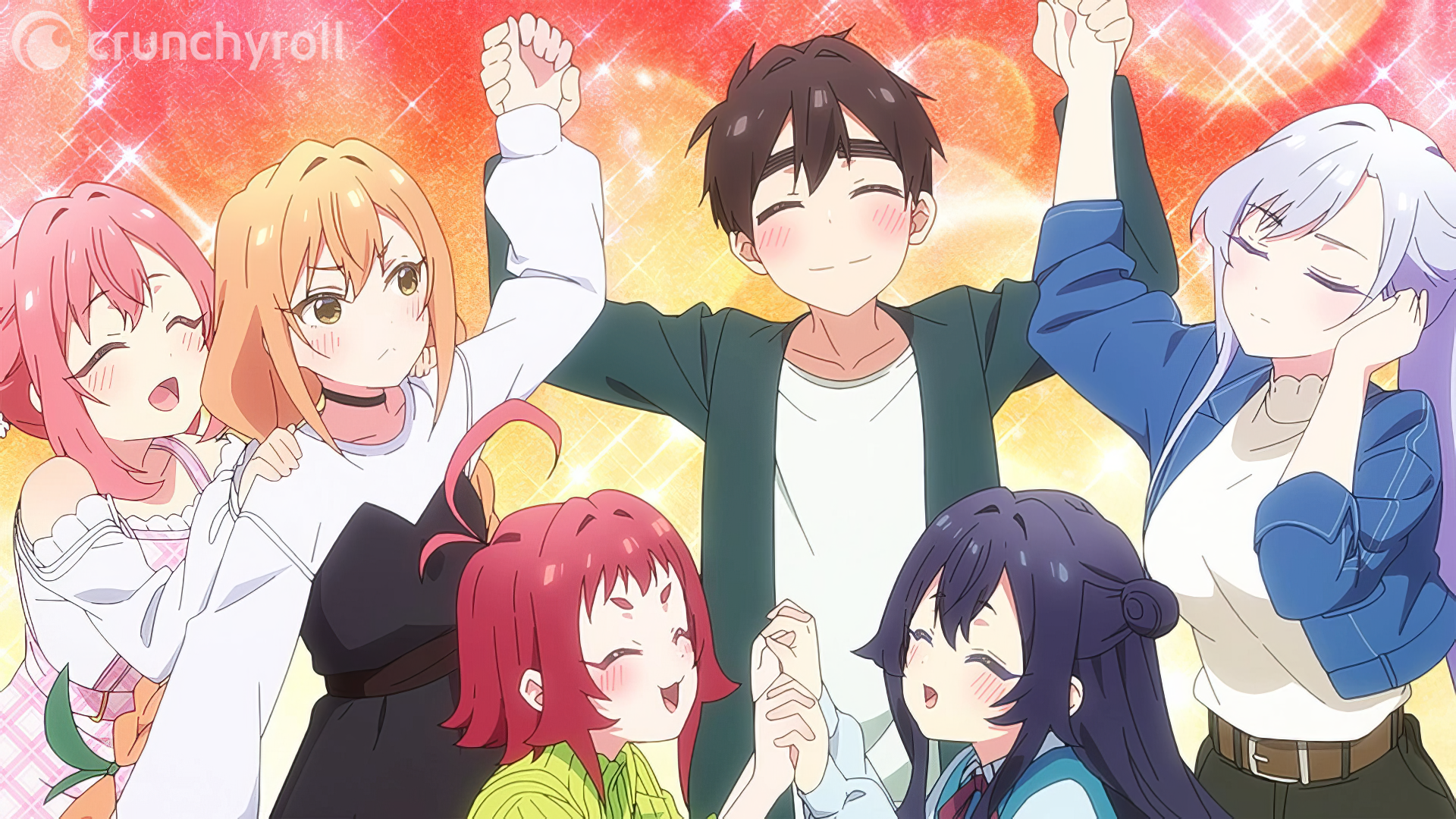 Anime-inspired HD wallpaper featuring characters from The 100 Girlfriends Who Really Really Really Really Really Love You, celebrating joyfully with vibrant colors and cheerful expressions.