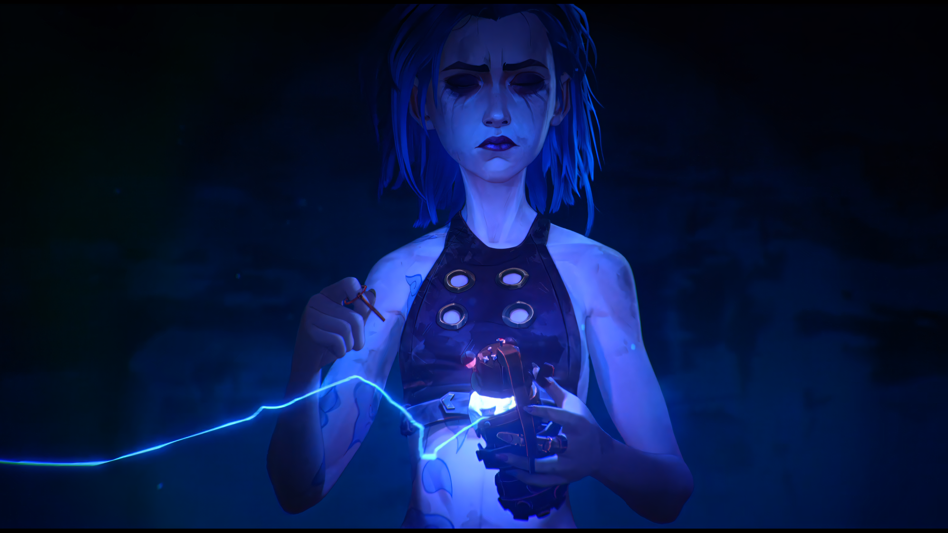 A captivating 4K Ultra HD wallpaper featuring Jinx from the TV show Arcane, showcasing her intense expression and electric energy against a dark background.