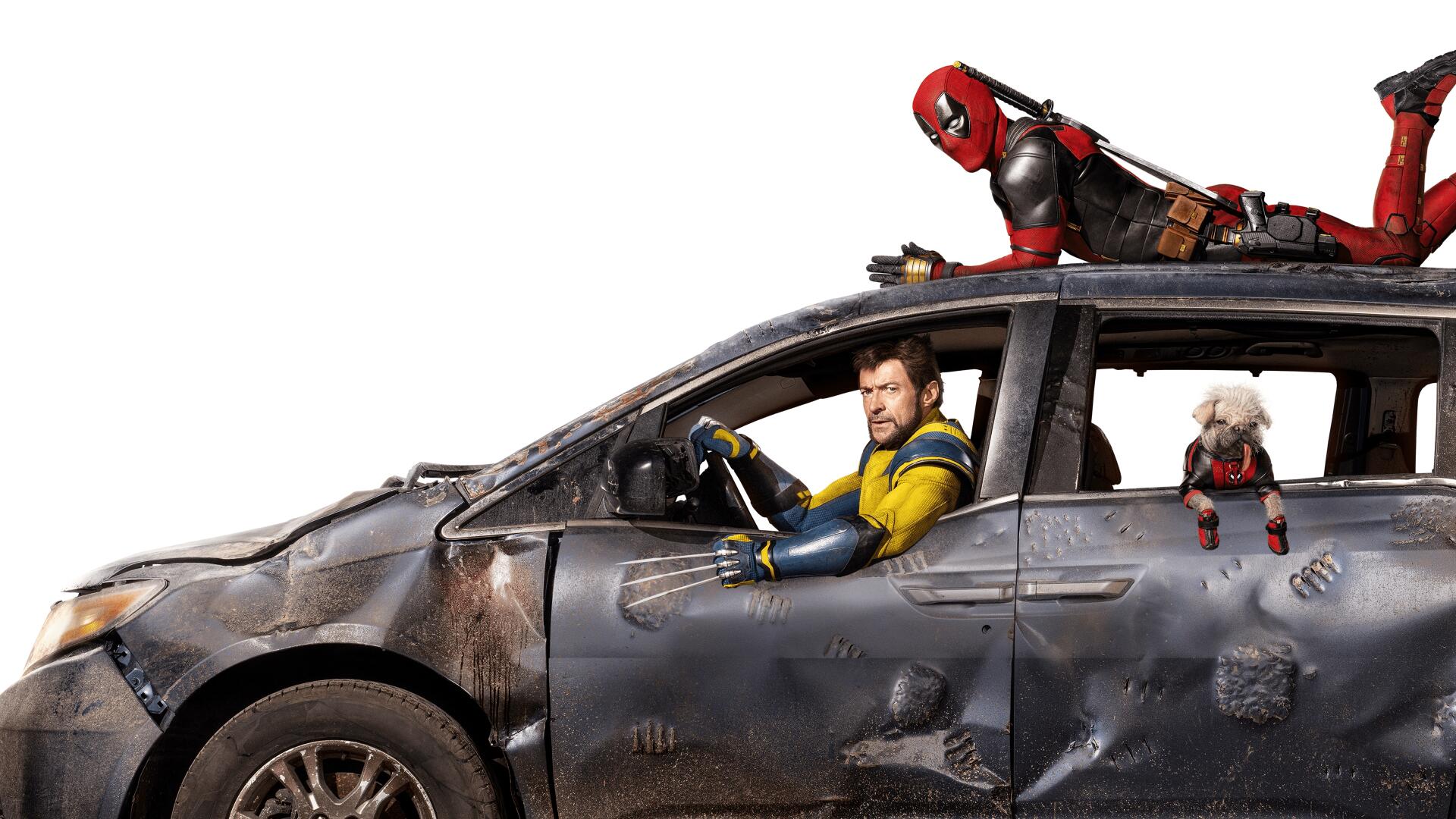 4K Ultra HD PC desktop wallpaper featuring Deadpool, Thor, and Rocket Raccoon on a battered car against a white background.