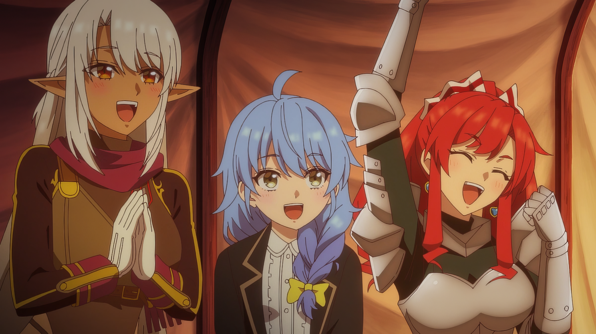 Cheerful characters from I Left My A-Rank Party to Help My Former Students Reach the Dungeon Depths! celebrate together in this vibrant HD anime wallpaper.
