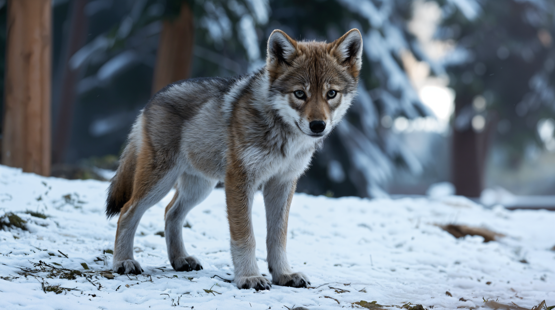 A wolf cub stands in the snow, surrounded by trees, showcasing its playful yet curious nature. This image makes a striking 4K Ultra HD desktop wallpaper and background.