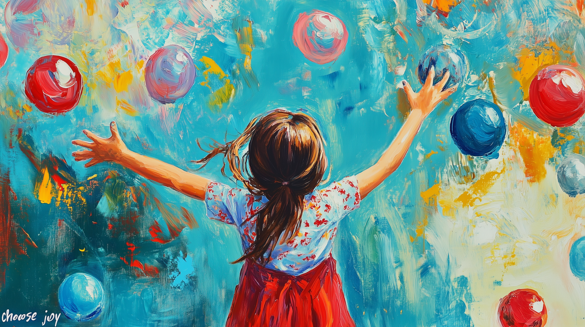 A vibrant HD wallpaper featuring a child with outstretched arms, surrounded by colorful spheres against a lively, abstract backdrop. It embodies the theme Choose Joy artistically.
