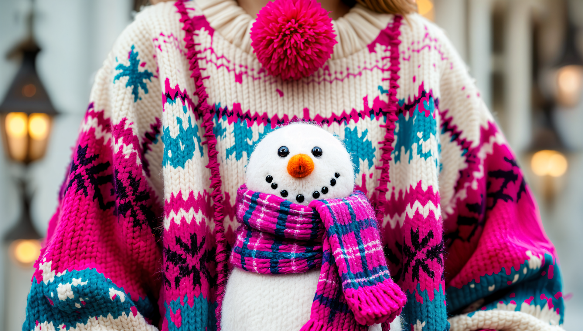 A colorful, eye-catching ugly sweater adorned with festive patterns, worn by a person holding a snowman dressed in a pink scarf, set against a wintery backdrop. 4K Ultra HD desktop wallpaper.