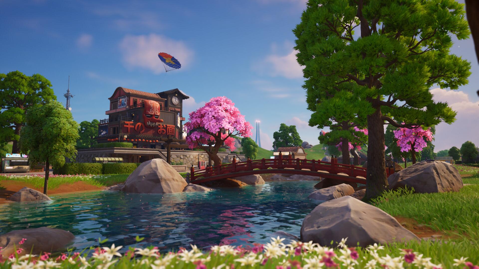 A vibrant 4K Ultra HD wallpaper depicting a tranquil landscape from the video game Fortnite, featuring a scenic bridge, blooming cherry trees, and a peaceful pond under a clear sky.