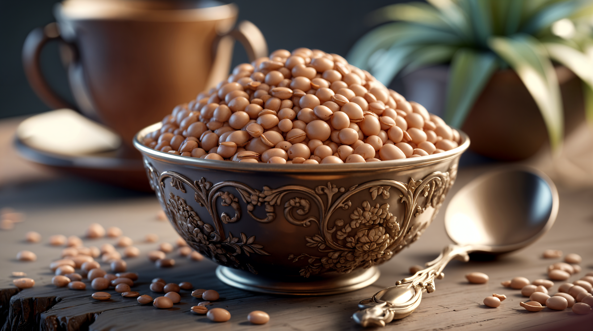 A beautifully detailed bowl overflowing with lentils sits on a rustic wooden surface, surrounded by scattered lentils and decorative elements, creating an inviting 4K Ultra HD wallpaper.