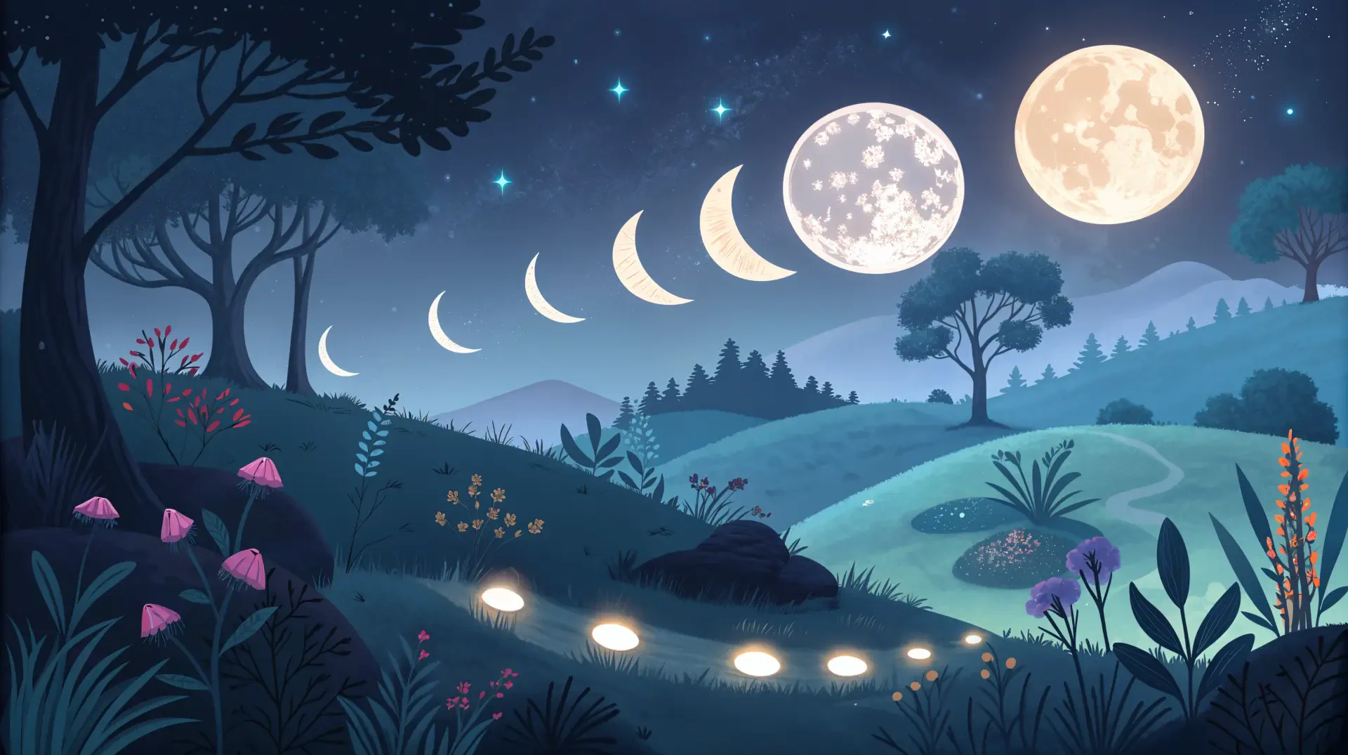 A serene landscape featuring the moon phases in a starry night sky, surrounded by lush hills and vibrant flowers, suitable as a 4K Ultra HD desktop wallpaper.
