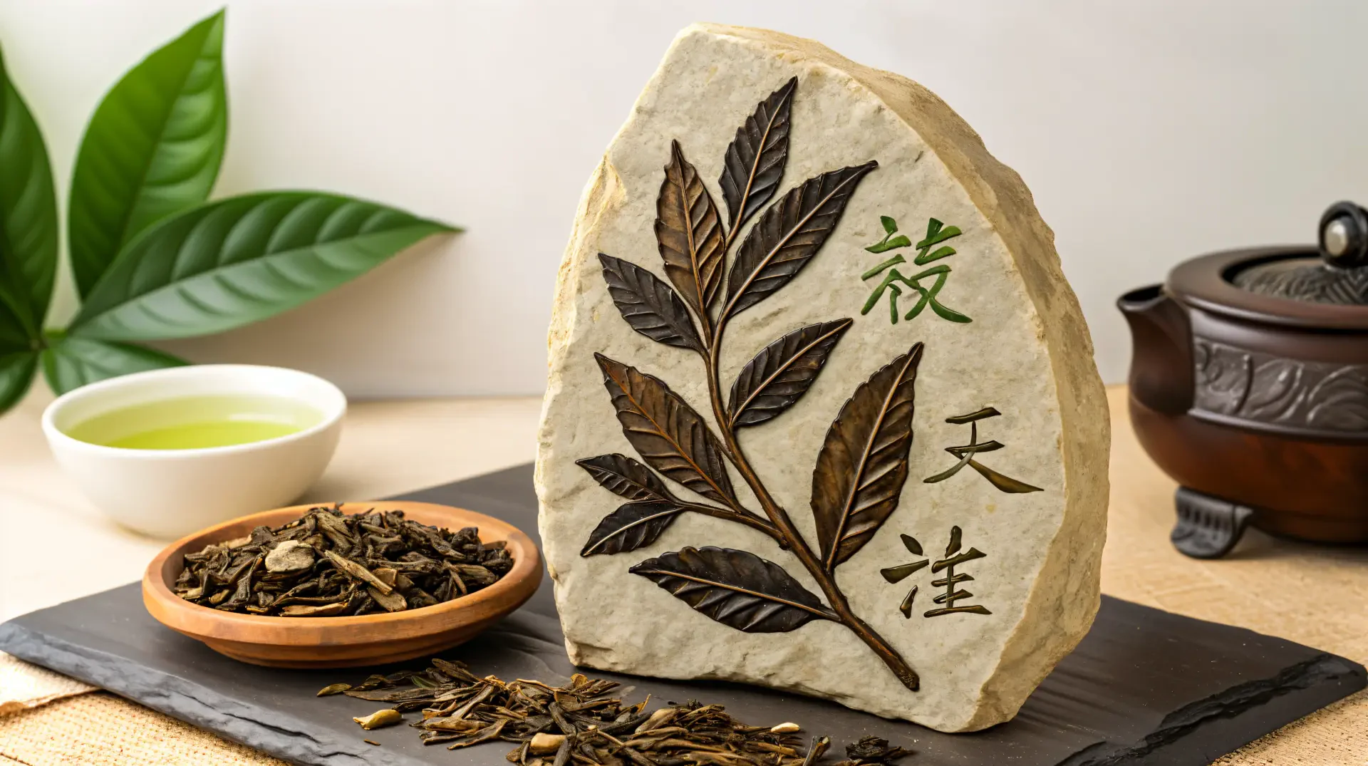 A beautifully crafted stone featuring engraved tea leaves stands alongside oolong tea leaves and a teacup, creating an elegant 4K Ultra HD desktop wallpaper.