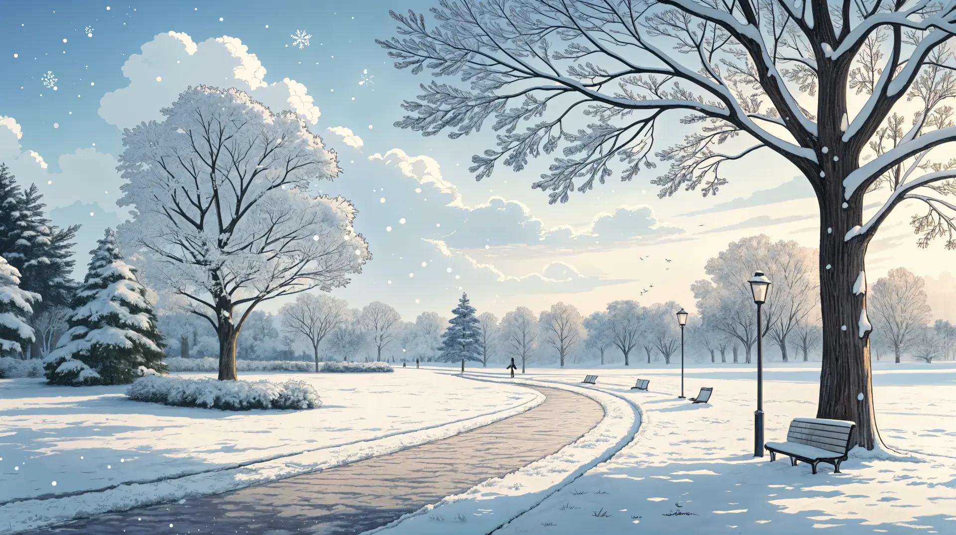 A serene snowy park landscape in winter with bare trees, a winding path, benches, and soft snowflakes, captured in stunning 4K Ultra HD for PC desktop wallpaper.