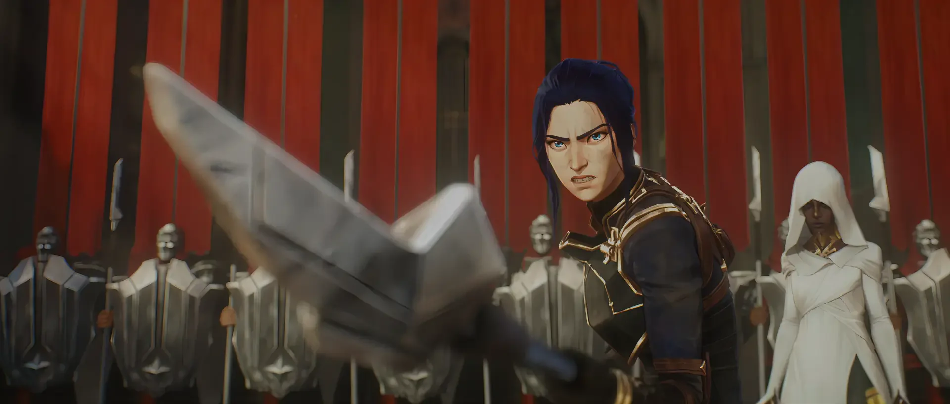 HD PC desktop wallpaper featuring Caitlyn from Arcane, standing ready with a sword in front of Viktor's armies lined up behind her.