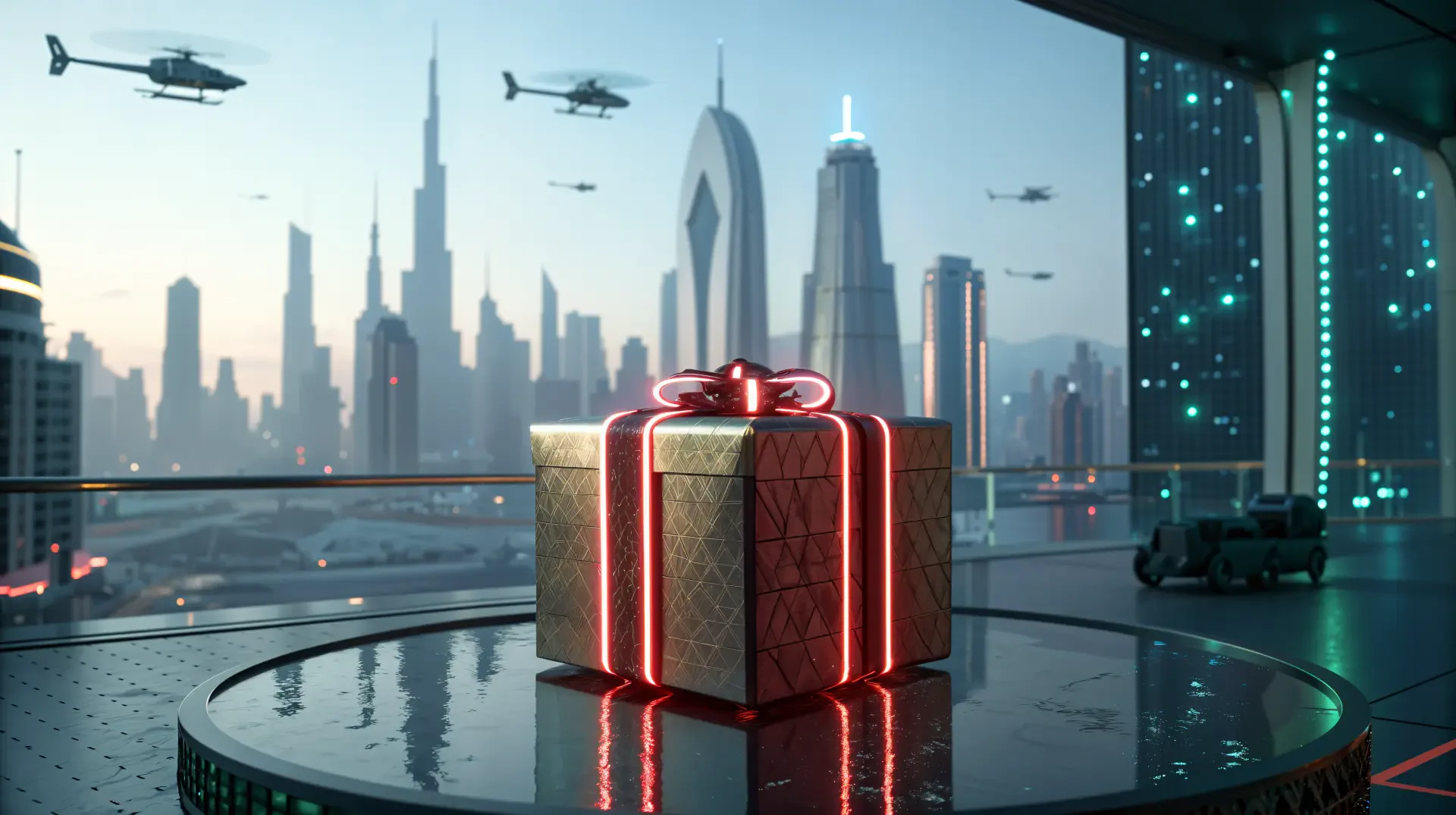 A futuristic Christmas present with glowing ribbons sits on a pedestal, overlooking a vibrant city skyline adorned with skyscrapers and flying vehicles in this 4K Ultra HD wallpaper.