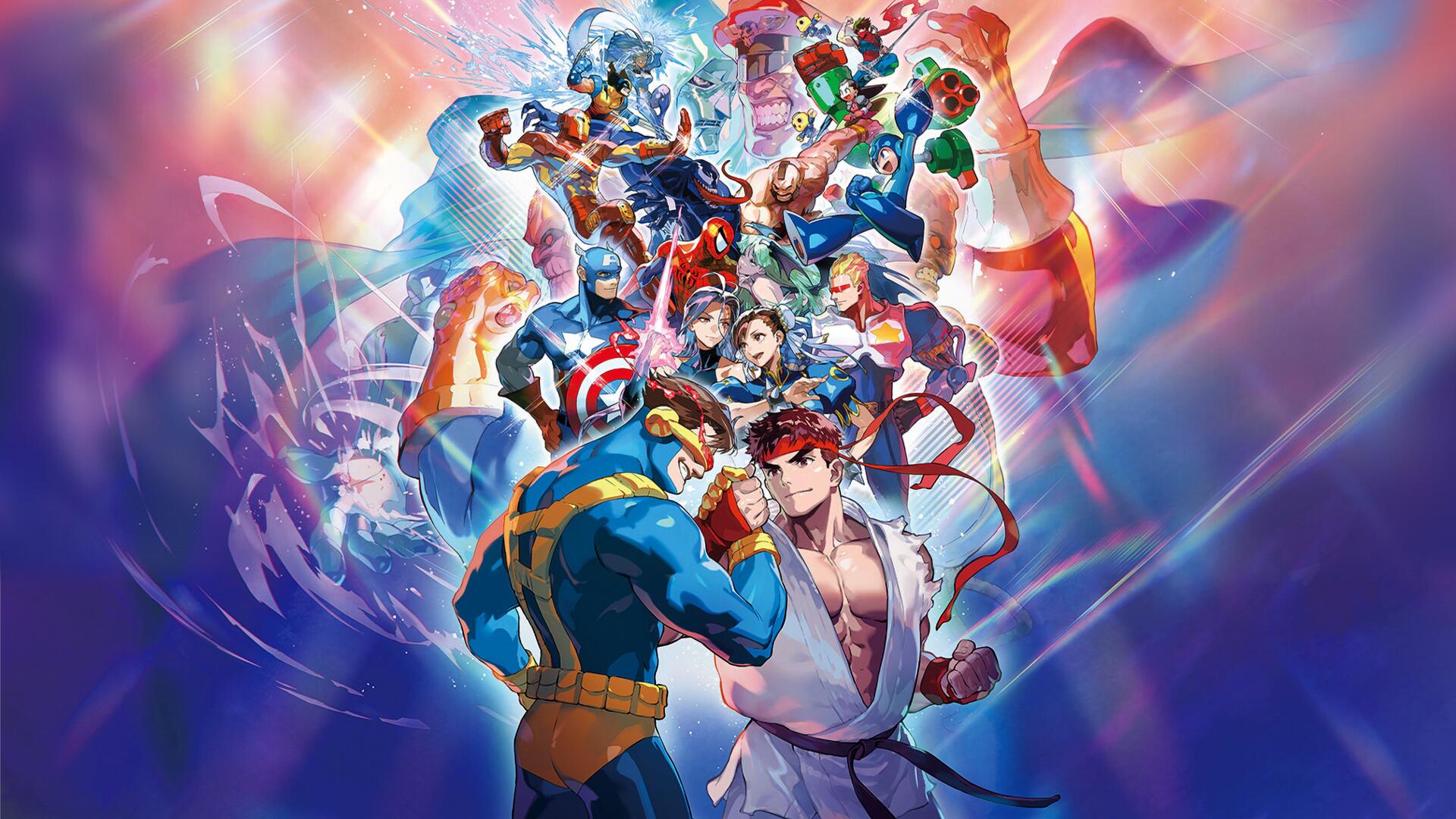 Marvel vs. Capcom 4K Ultra HD PC desktop wallpaper: Ryu and Cyclops clash in the foreground as a vibrant ensemble of heroes and villains bursts outward in a colorful, energetic action composition.