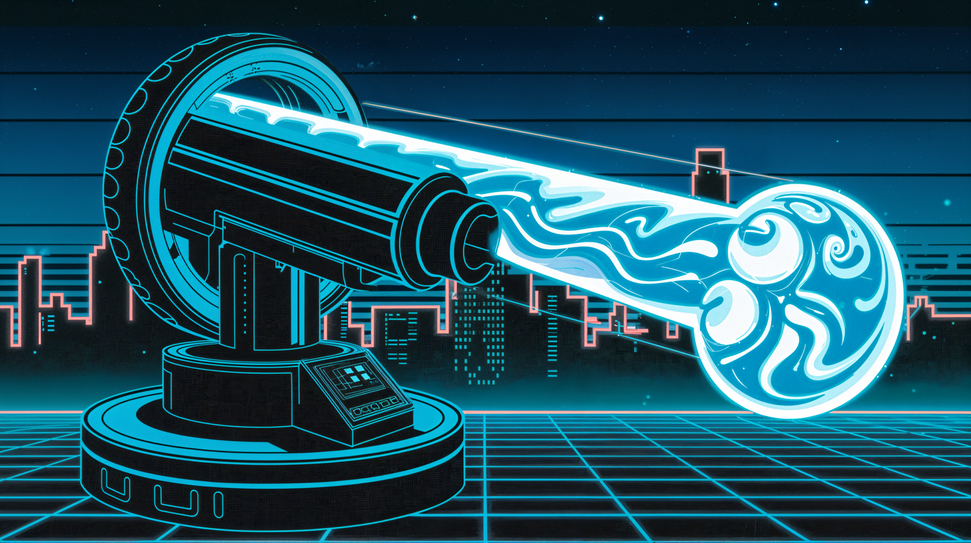 A vibrant 4K Ultra HD wallpaper featuring a futuristic death ray, emitting a glowing energy beam against a stylized city skyline in the background.