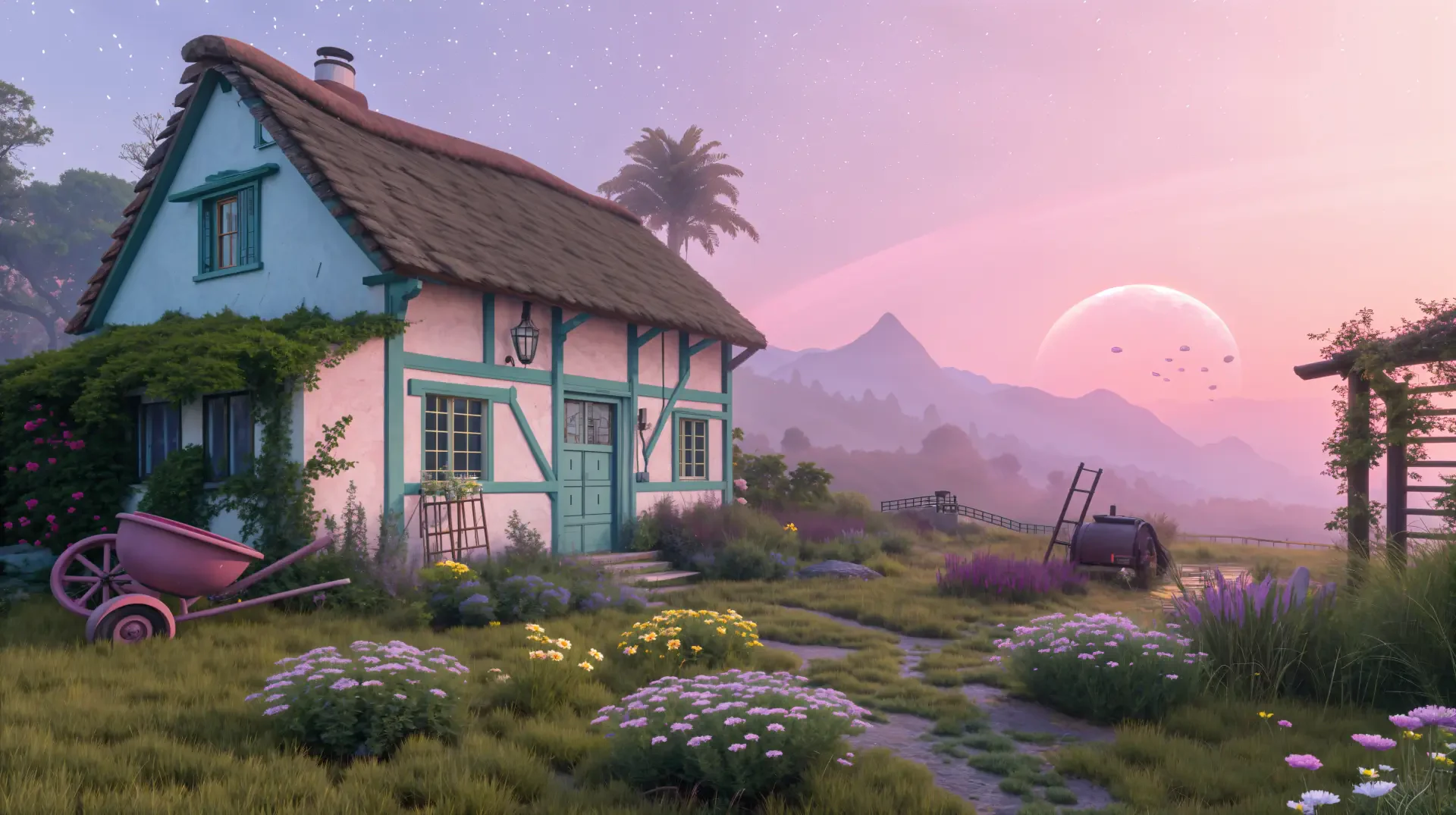A tranquil cottagecore garden scene featuring a charming house surrounded by wildflowers, under a soothing twilight sky with distant mountains and a large planet in view.