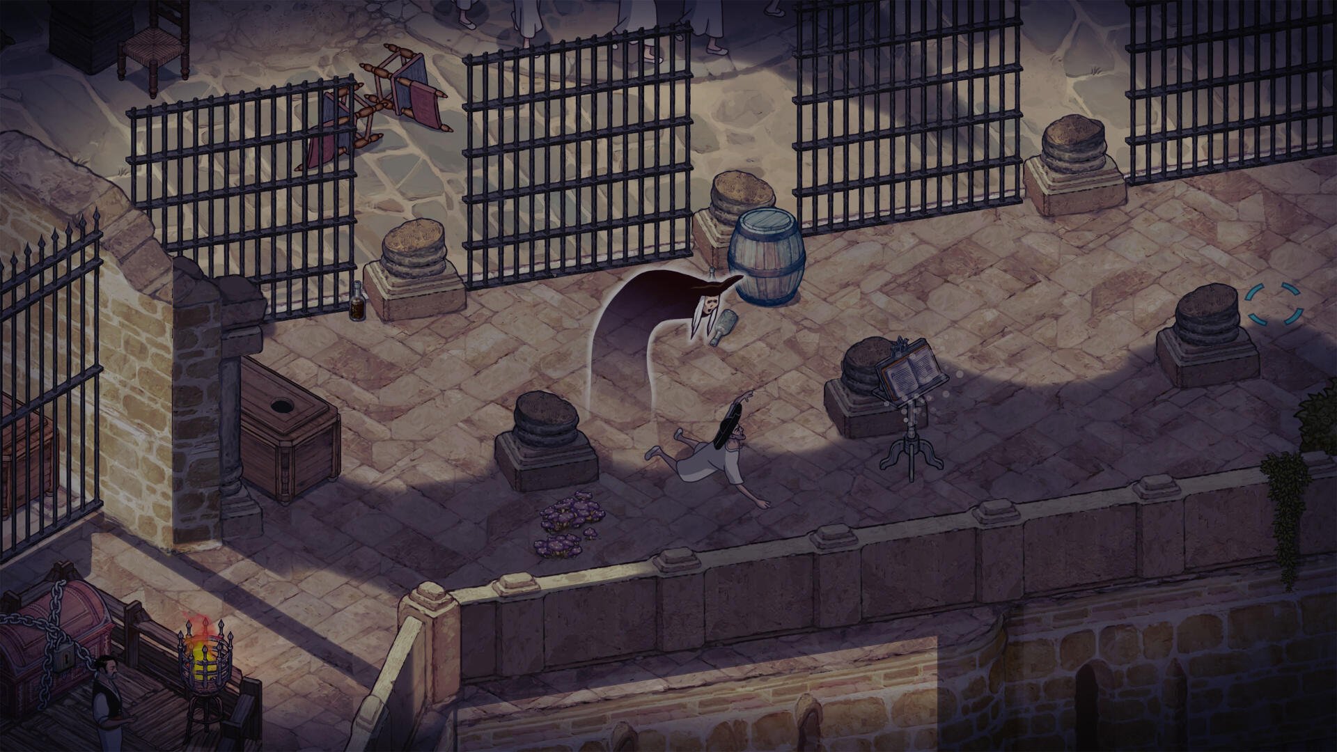 A detailed 4K Ultra HD wallpaper from the video game The Stone of Madness, featuring a shadowy stone environment with barrels and cages, evoking a mysterious atmosphere.