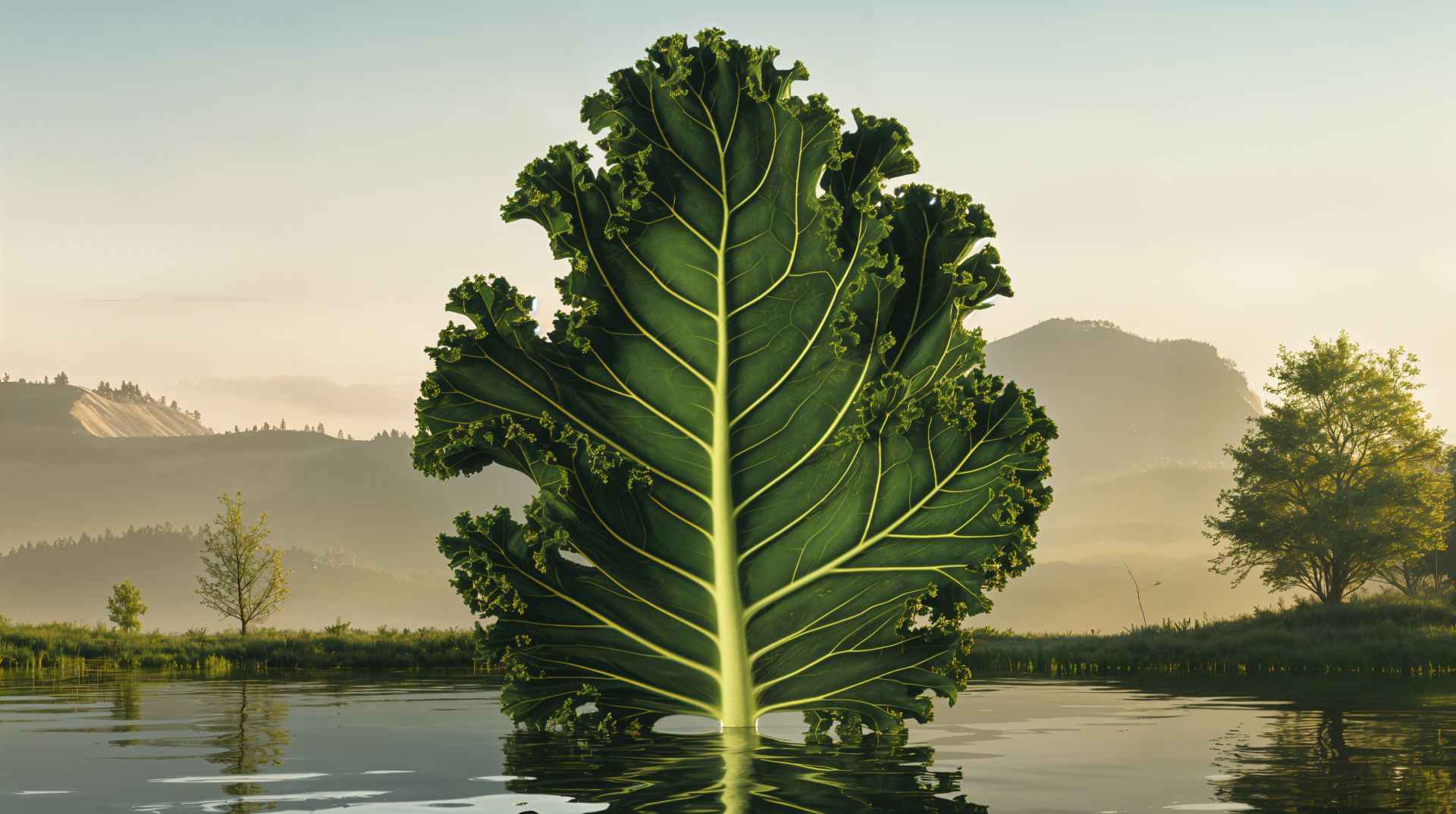 A large kale leaf stands prominently in calm waters, surrounded by serene landscapes and mountains, presented as a vibrant 4K Ultra HD desktop wallpaper.