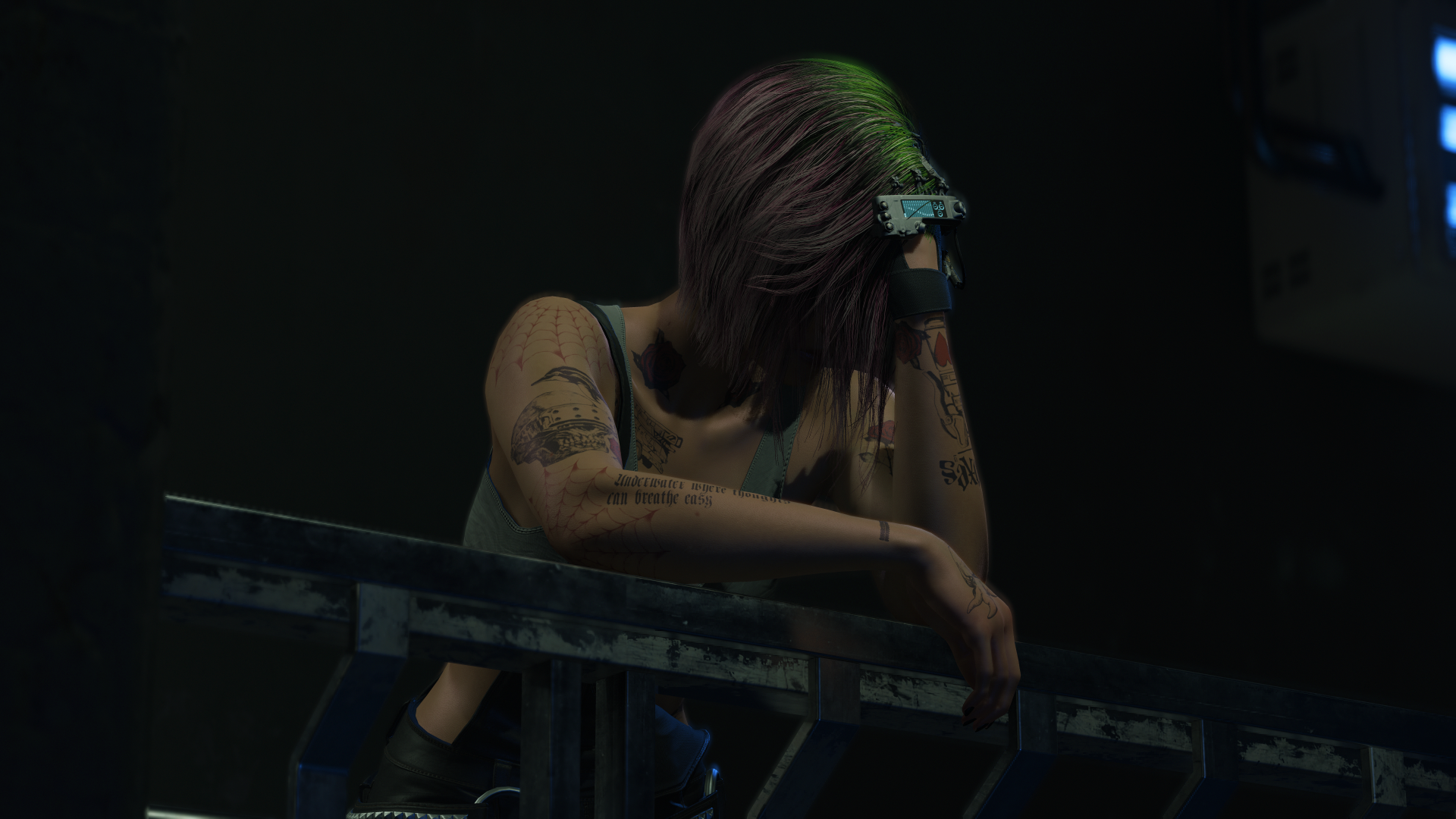 A high-definition wallpaper featuring Judy from Cyberpunk 2077, depicting her in a contemplative pose against a dark background, embodying the game's cyberpunk aesthetic.