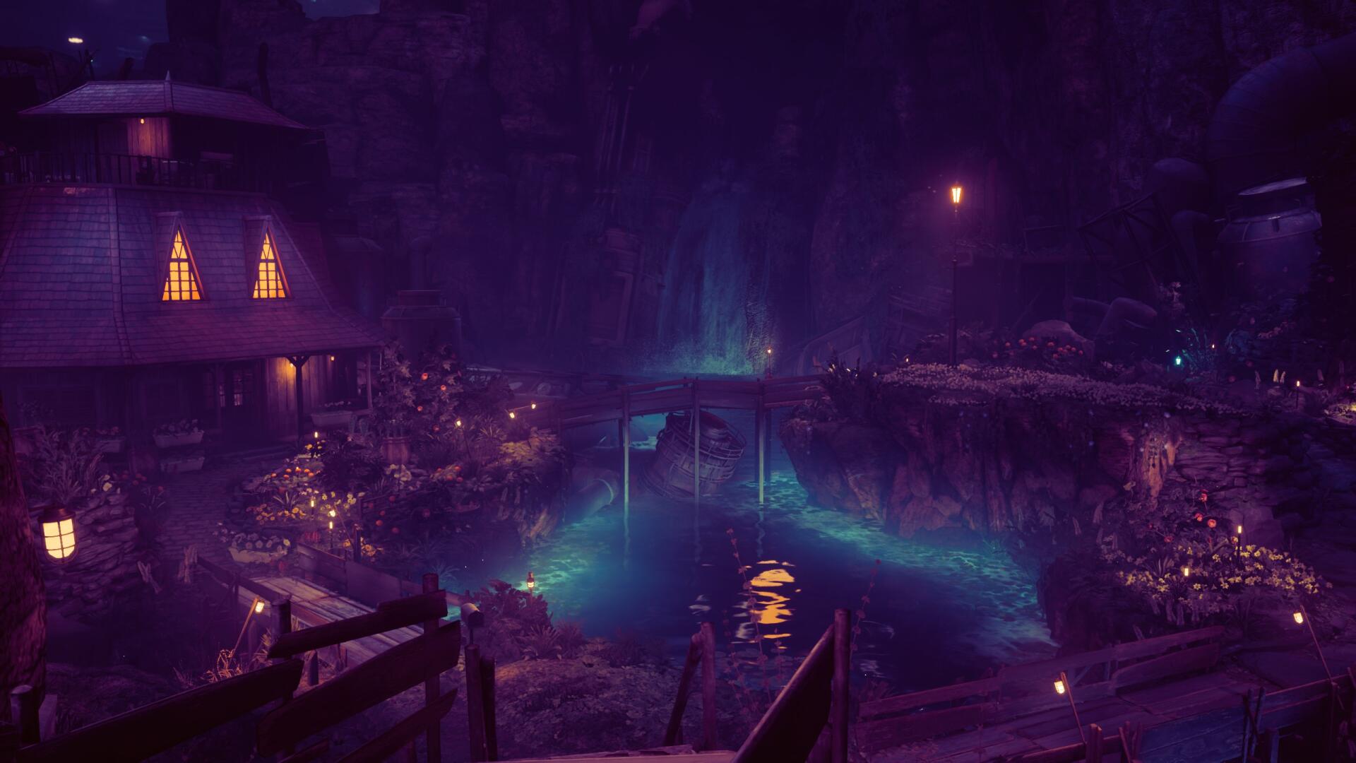 A vibrant HD wallpaper from Final Fantasy VII Remake, featuring a mystical scene with illuminated houses and a tranquil body of water under a night sky.