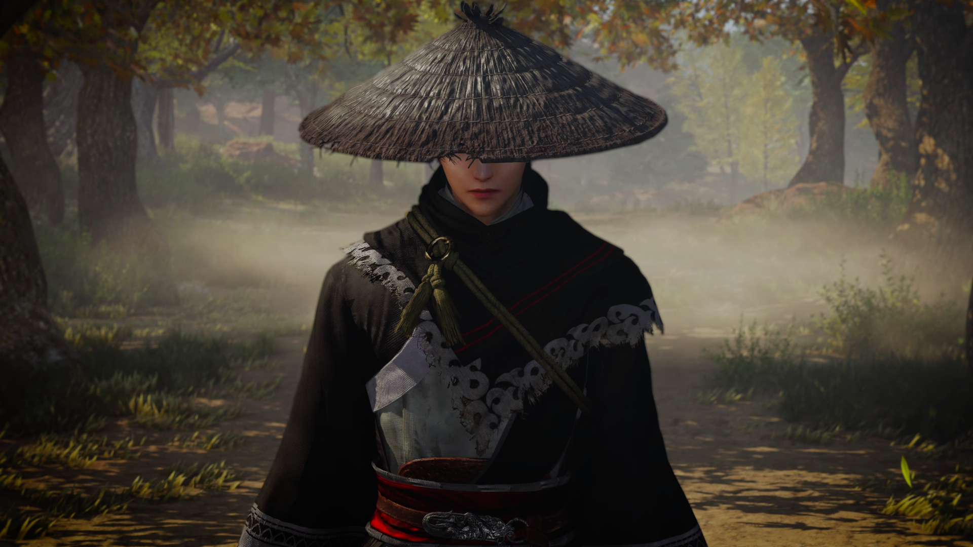 A character from the video game Dynasty Warriors: Origins stands in a misty landscape, wearing a traditional hat and black attire, captured in a high-definition PC desktop wallpaper.