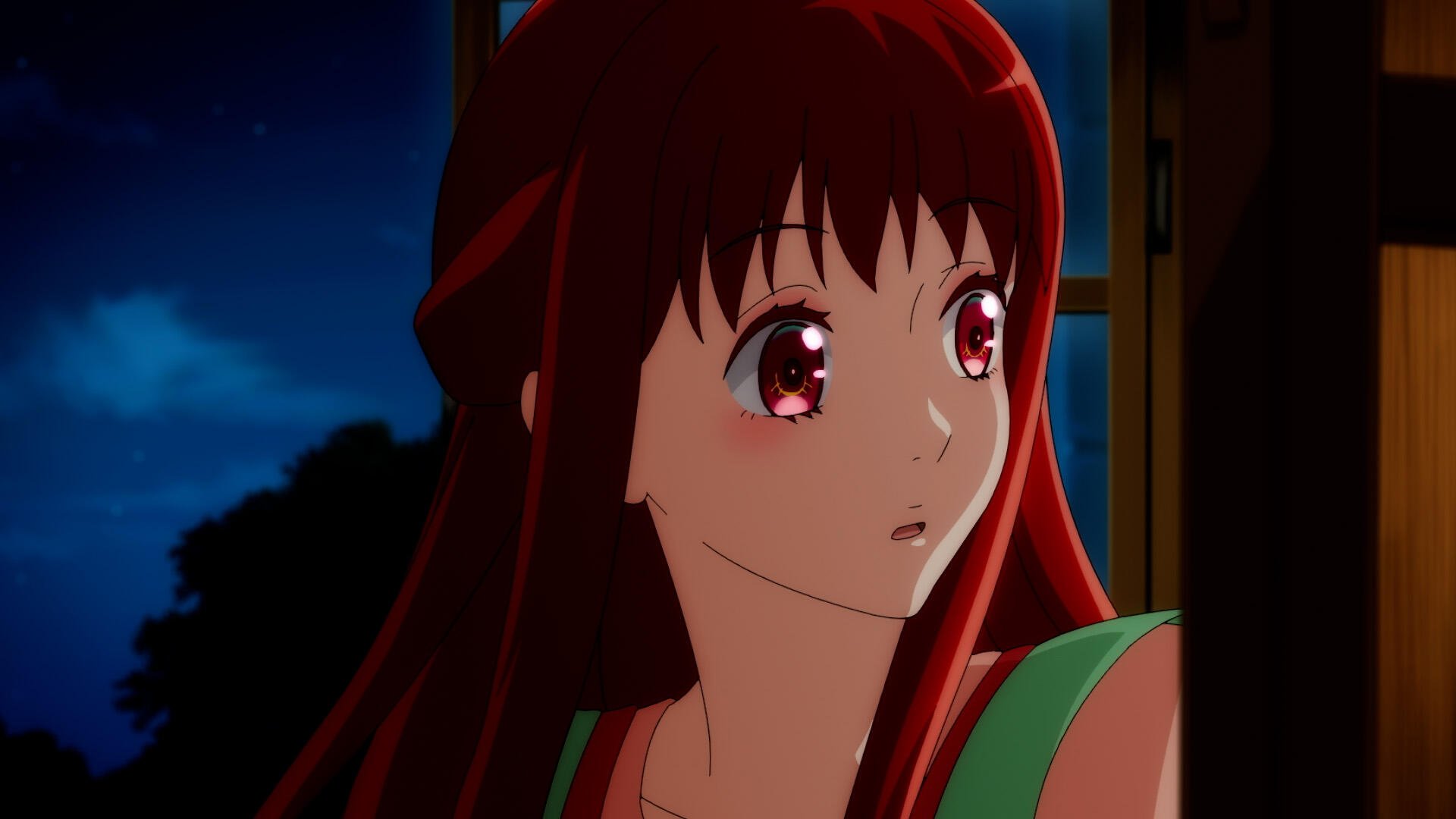 A young girl with long red hair and large eyes looks thoughtfully out of a window in this HD anime wallpaper inspired by I Want to Escape from Princess Lessons.