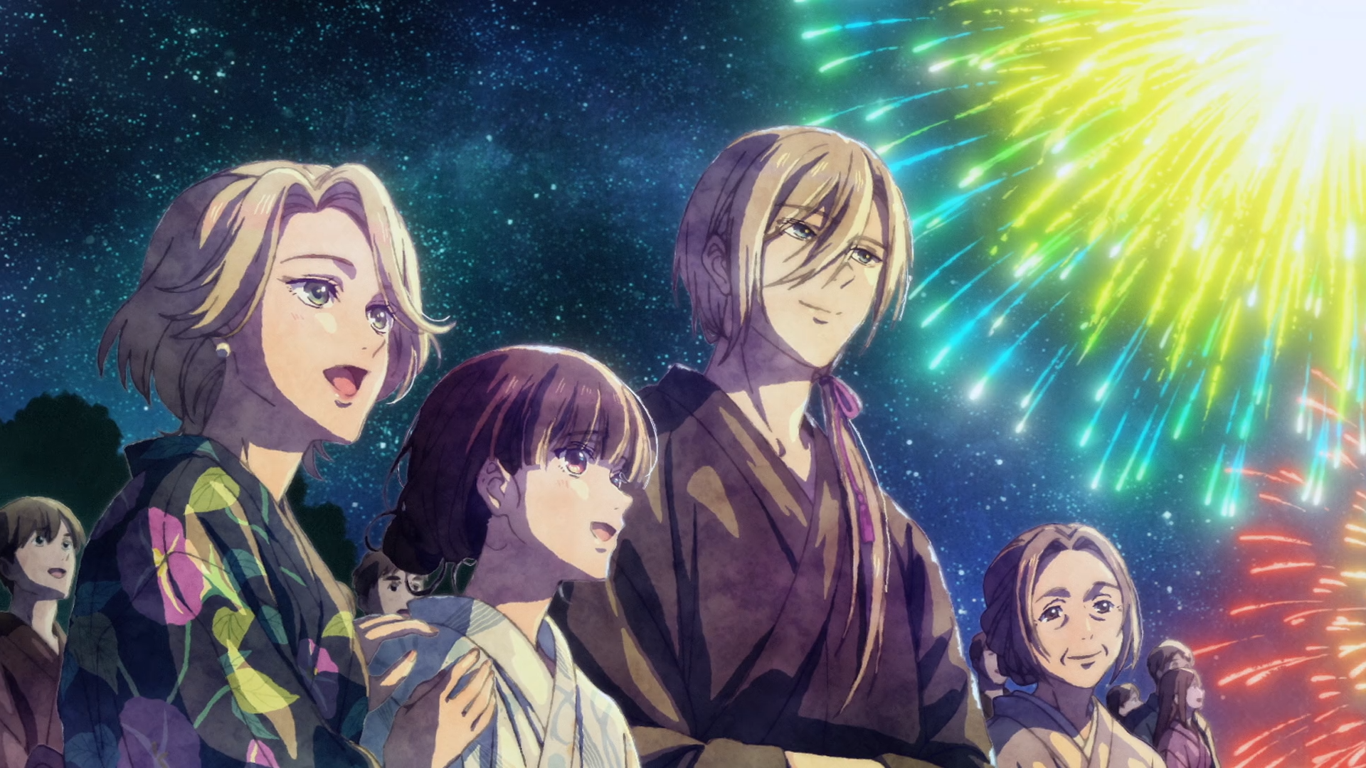 Anime HD PC desktop wallpaper background of My Happy Marriage: Miyo Saimori, Kiyoka Kudou and Hazuki Kudou watching fireworks under a starry night.