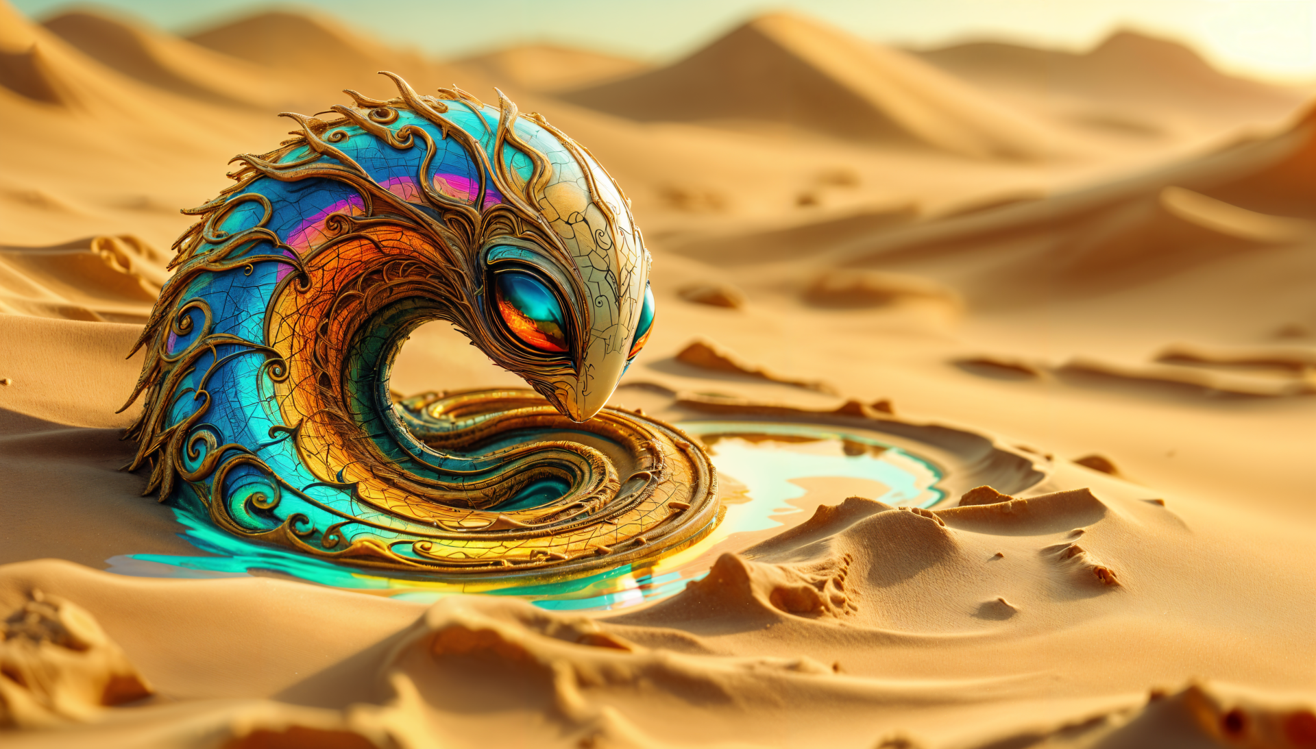 A vibrant alien creature with intricate designs rests in a sandy landscape, reflecting shimmering colors around a small pool of water, showcased in stunning 4K Ultra HD detail.