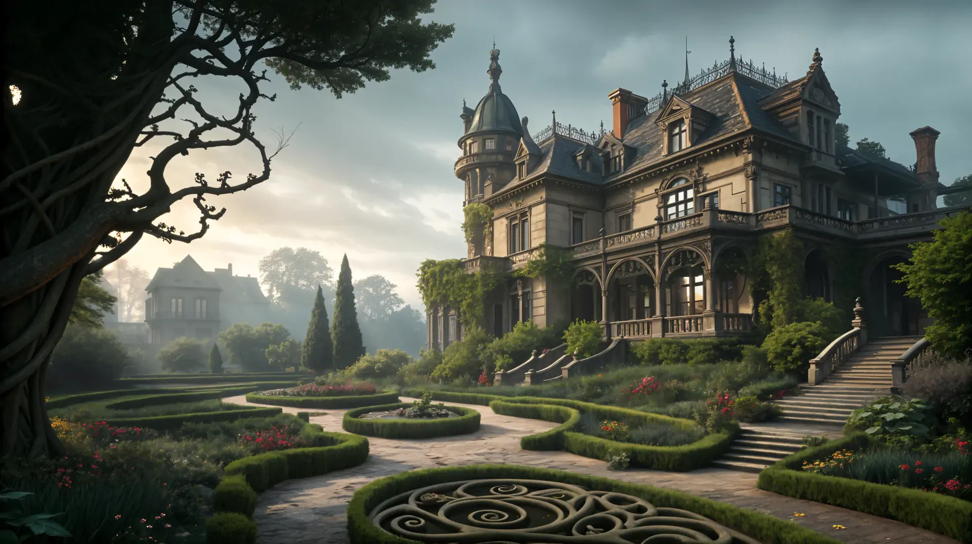 A stunning Victorian-era mansion surrounded by lush gardens and intricately designed pathways, captured in vibrant detail for a 4K Ultra HD desktop wallpaper.