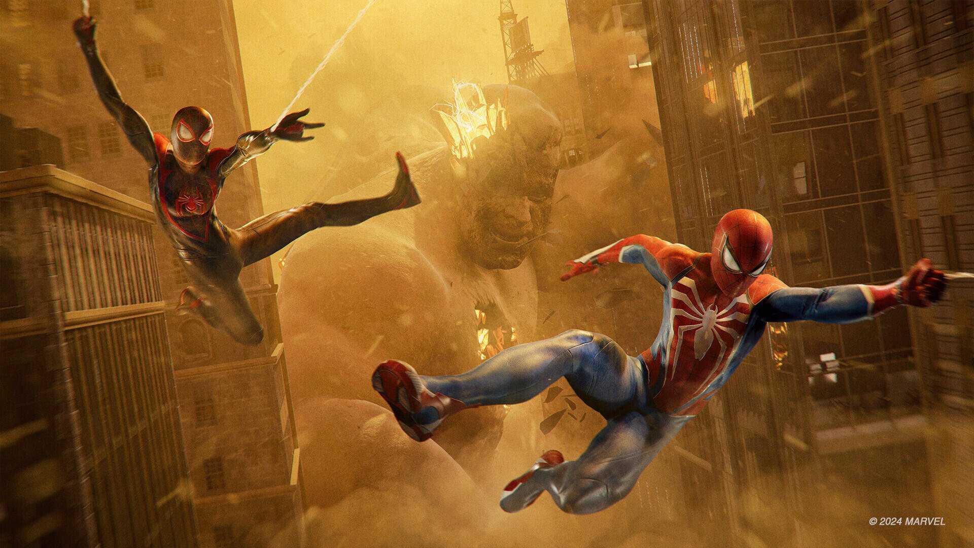 Dynamic scene from Marvel's Spider-Man 2 featuring Spider-Man and Miles Morales soaring through a cityscape, showcasing vibrant colors and action-packed energy in this HD wallpaper.