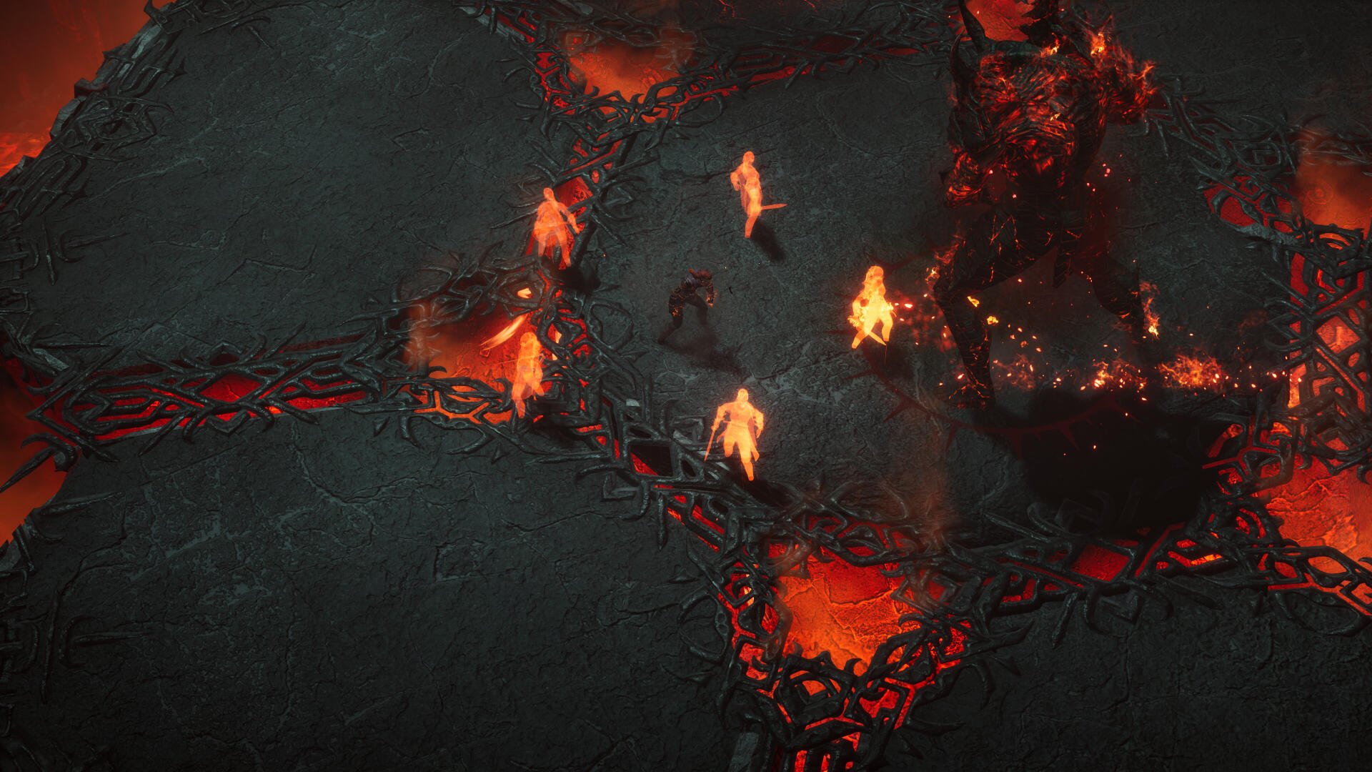 A dynamic scene from the video game Jotunnslayer: Hordes of Hel, showcasing a fiery battlefield with characters and vivid lava textures in 4K Ultra HD resolution.