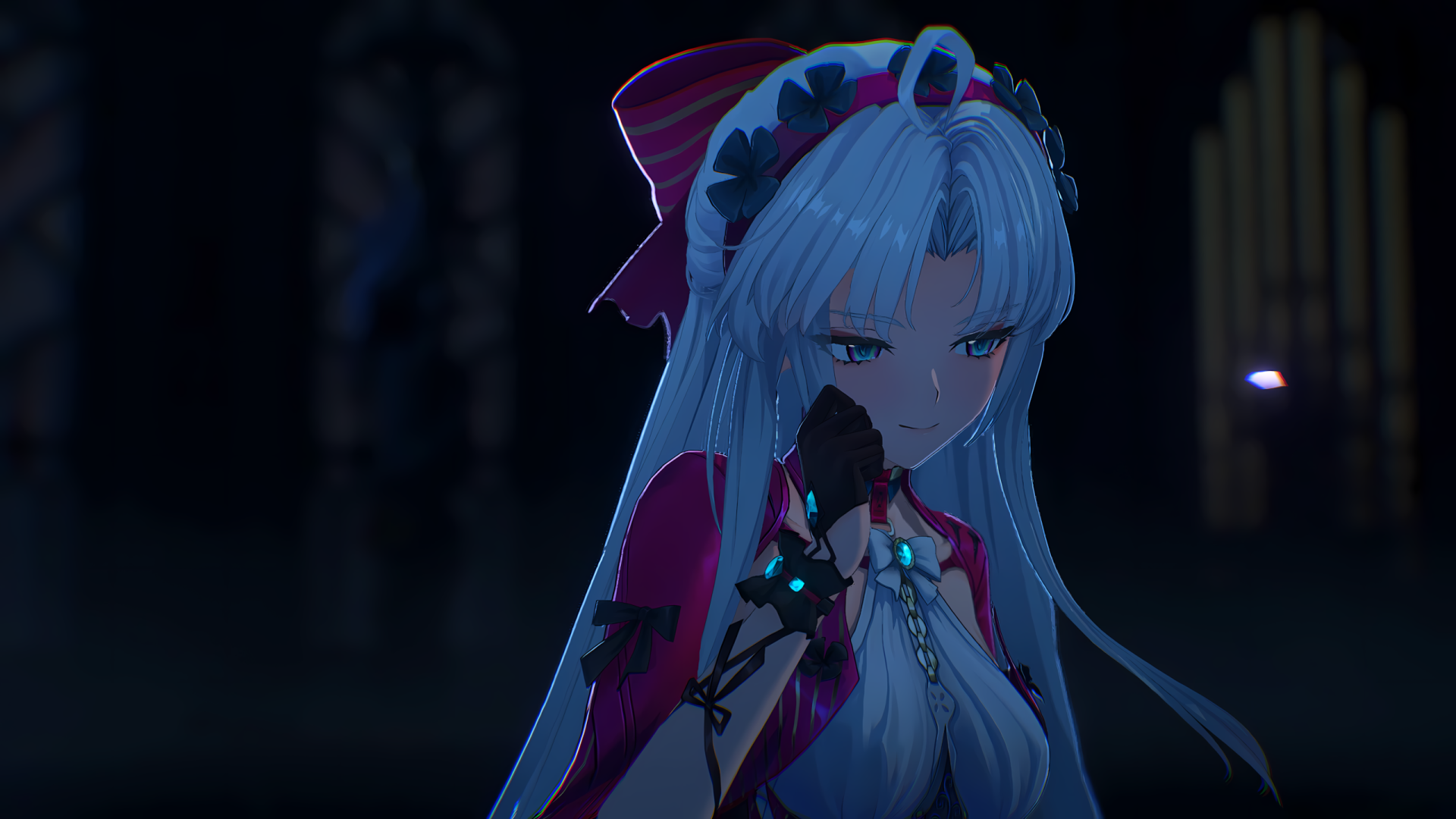 A serene HD desktop wallpaper featuring Carlotta from the video game Wuthering Waves, showcasing her intricate design and captivating presence in a dark, atmospheric setting.