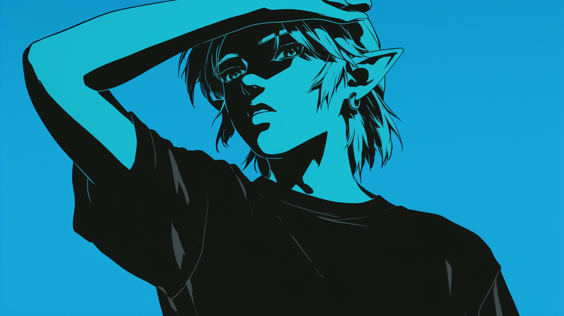 HD wallpaper featuring Link from The Legend of Zelda, depicted in a striking blue anime style. The image showcases Link with a contemplative expression against a vibrant backdrop.
