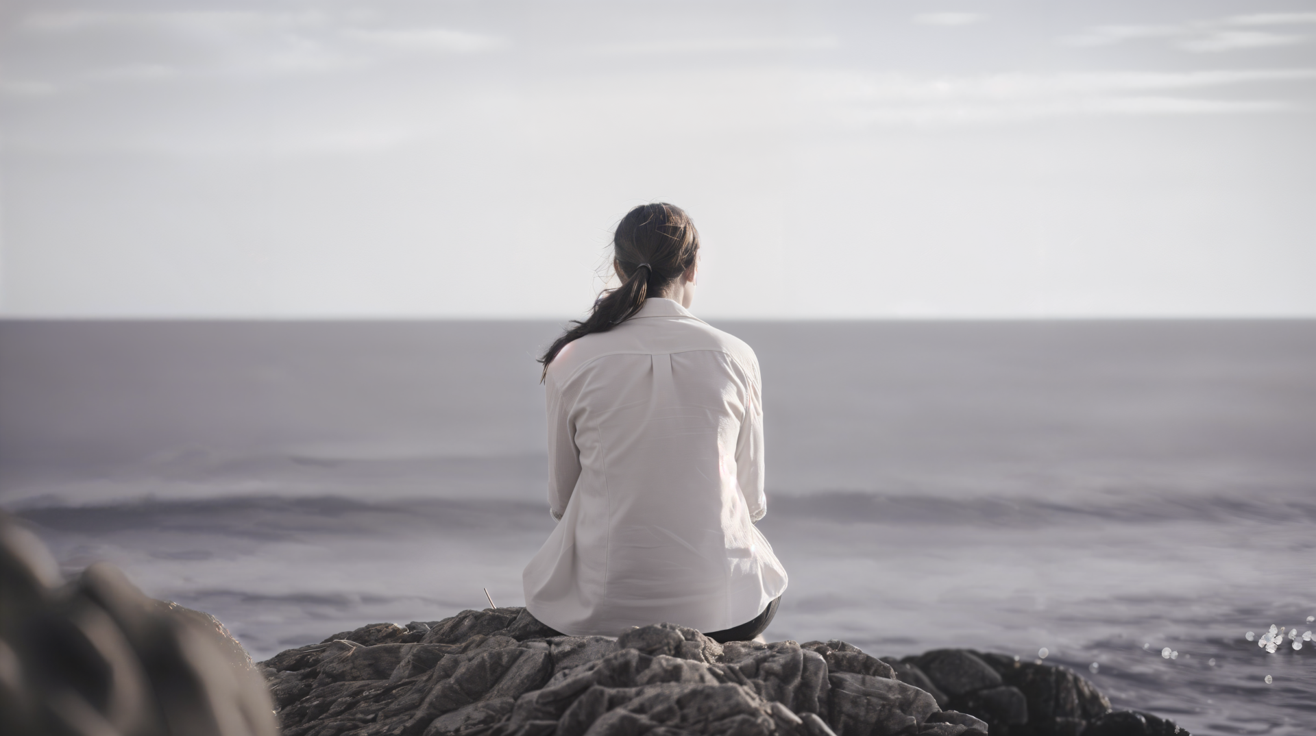 A person sits on a rock, gazing out at a calm ocean under a serene sky, embodying an 'empty inside' feeling. A stunning 4K Ultra HD desktop wallpaper.