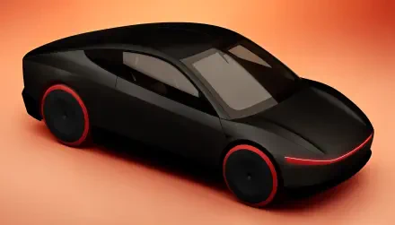 A sleek, futuristic Tesla Cybercab robotaxi features a glossy black exterior with bold red accents, set against an orange gradient background, showcasing cutting-edge design in 4K Ultra HD.