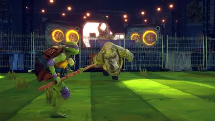 A dynamic scene from the video game Teenage Mutant Ninja Turtles: Mutants Unleashed, featuring a turtle character engaging in battle against a mutant enemy in a vibrant, illuminated environment.