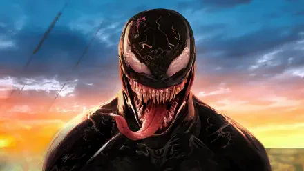 4K Ultra HD PC wallpaper featuring Venom from the movie Venom: The Last Dance, showcasing the symbiote's menacing face against a vibrant sunset sky.