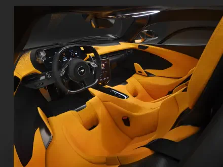 A stunning interior shot of a McLaren W1, showcasing its sleek design with vibrant orange upholstery, a modern dashboard, and an advanced steering wheel, all captured in 4K Ultra HD quality.