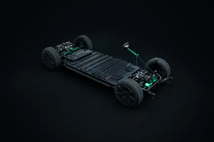 A detailed view of a Tesla Cybertruck chassis showcasing its innovative design, featuring sleek lines and a futuristic aesthetic, set against a dark background. 4K Ultra HD quality.