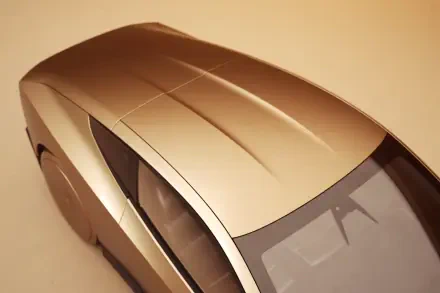 Sleek Tesla Cybercab robotaxi vehicle showcased in 8K Ultra HD, highlighting its futuristic design and smooth roof contours in a warm-toned background.