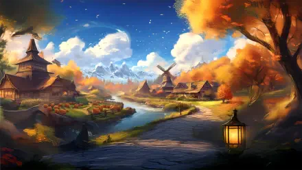A 4K Ultra HD fantasy landscape depicting an autumn village by a river, with vibrant fall foliage, windmills, and a glowing lantern under a bright, partly cloudy sky.