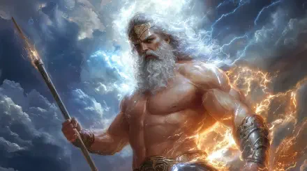 A powerful depiction of Zeus, featuring his muscular figure amidst dramatic clouds and lightning, in a stunning 4K Ultra HD wallpaper for your desktop background.