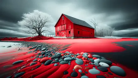 A striking red barn stands out against a dramatic monochrome landscape, complemented by smooth stones and a bare tree, captured in vibrant 4K Ultra HD detail.