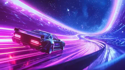 A sleek racing car speeds along a vibrant, neon-lit track, surrounded by a cosmic backdrop, creating a dynamic and immersive 4K Ultra HD wallpaper experience.