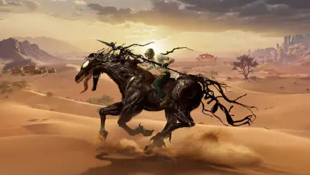 A dynamic 4K Ultra HD wallpaper depicting a rider on a dark, majestic horse, intertwined with tendrils, set against a desert landscape, inspired by Venom: The Last Dance and Playerunknown's Battlegrounds.