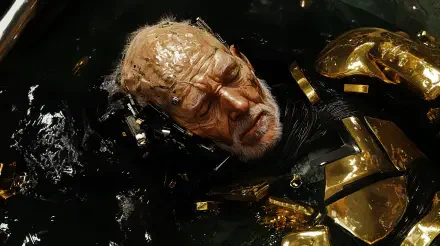 A futuristic man with a weathered face and golden armor floats in dark water, surrounded by metallic elements, creating a striking sci-fi scene in rich 4K Ultra HD detail.