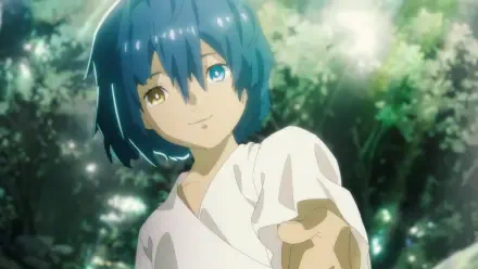 HD PC desktop wallpaper featuring a character with blue hair and heterochromatic eyes from the video game Metaphor: ReFantazio in a sunlit forest setting.