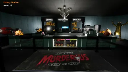 A vibrant HD PC desktop wallpaper featuring a movie theater concession stand from the video game Massacre At The Mirage, showcasing snacks, drinks, and a spooky decor.