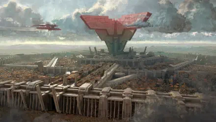 ReFantazio metaphor: colossal red-winged tower rising above a sprawling industrial citadel under stormy skies — 2K Quad HD PC desktop wallpaper background.