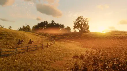 Scenic Red Dead Redemption 2 landscape at sunset with two riders on horseback, captured in stunning 4K Ultra HD for PC desktop wallpaper and background.