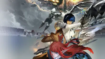 Metaphor: ReFantazio, 4K Ultra HD PC desktop wallpaper of stylized sci‑fi heroes — blue‑haired and red‑haired protagonists, armored allies, and a looming storm over a shattered cityscape.