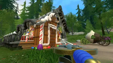 A vibrant HD wallpaper from PowerWash Simulator featuring a whimsical gingerbread house amidst a lush forest, showcasing the fun of the Shrek Special Pack.
